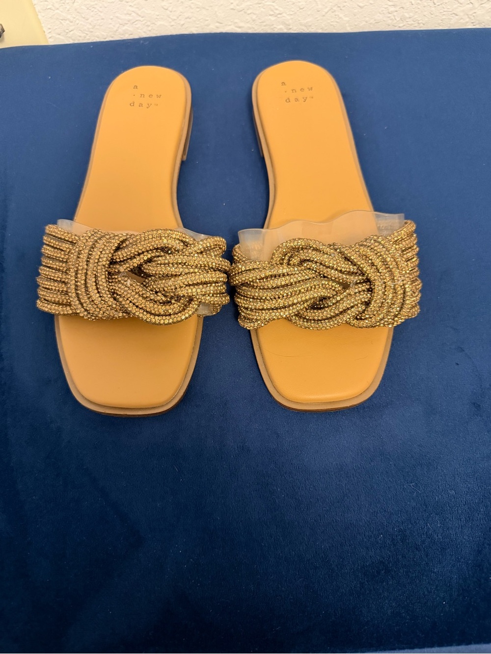 A New Day Women's Rhinestone Knot Slide Slip-On Flat Sandals Beige/Gold 6.5